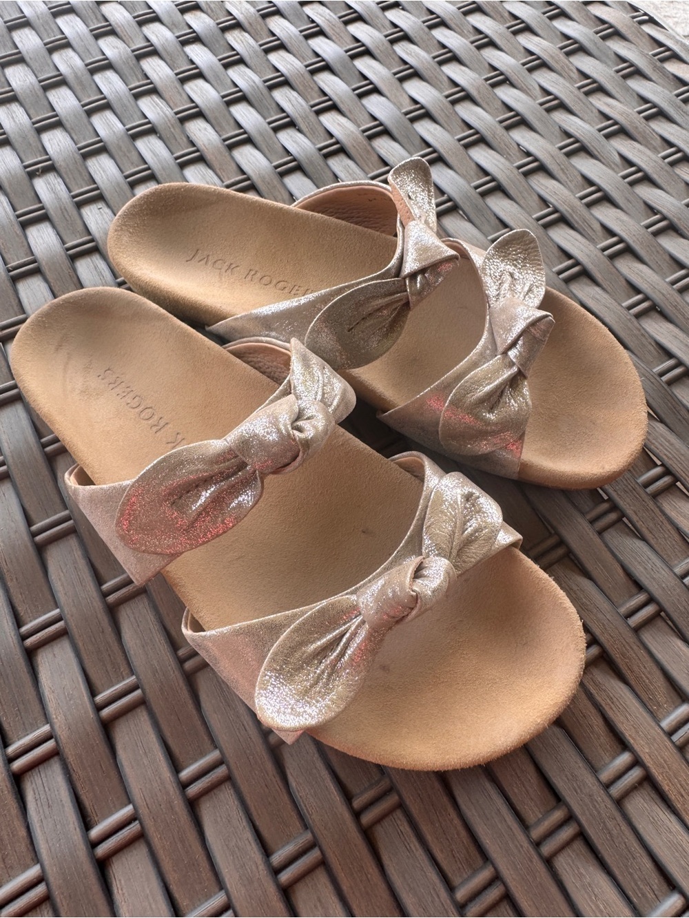 Jack Rogers Dorothy Double Bow Slide Sandals Rose Gold Metallic Comfort Size 8M